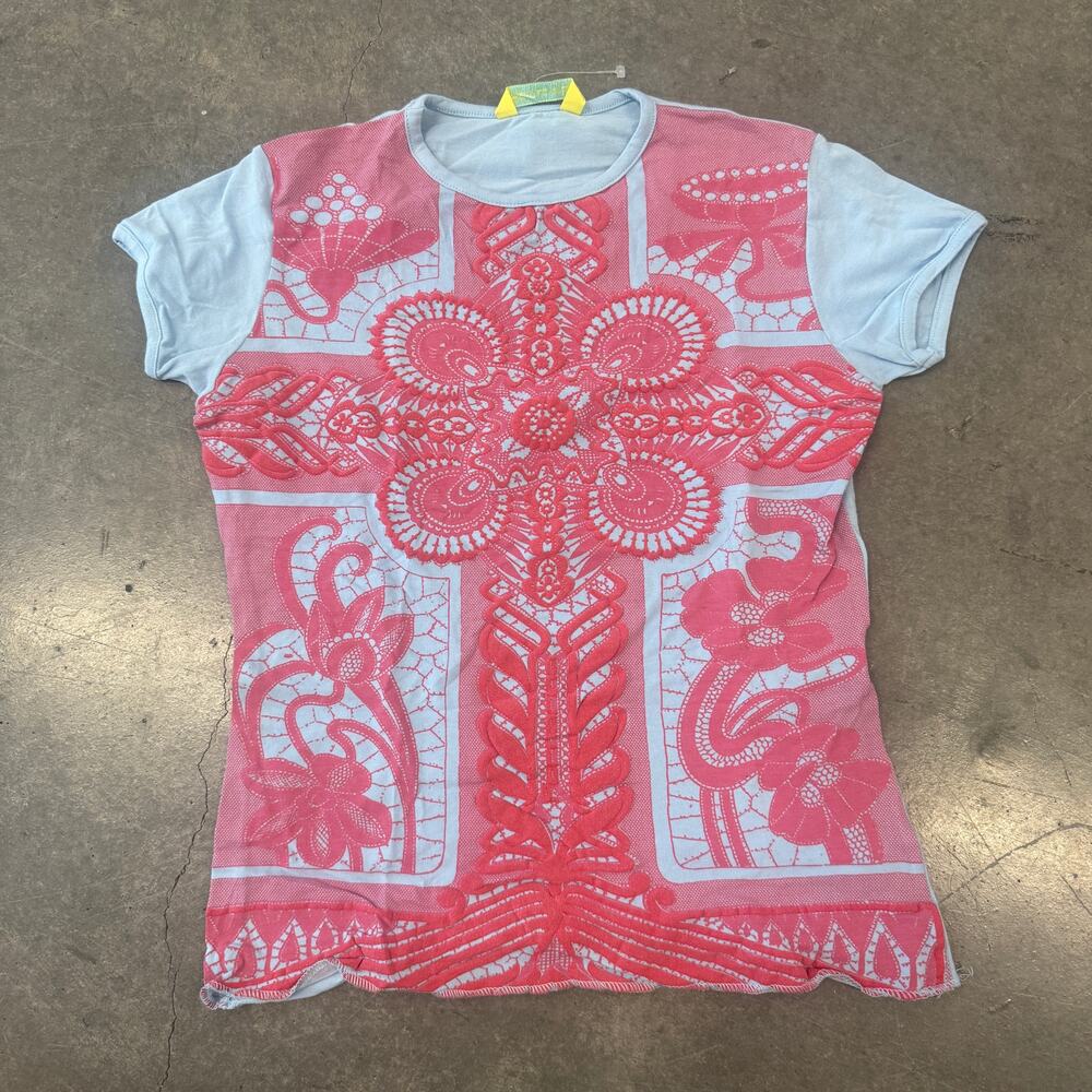 Vintage Y2K Fornarina Made In Italy Cross Embossed Puff Baby Tee Blue Pink L